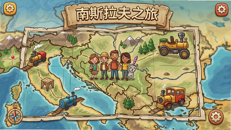 南斯拉夫之旅游戏主界面,展现“南斯拉夫之旅”的手绘地图、旅行团成员和各种交通工具,突出模拟经营与探索元素