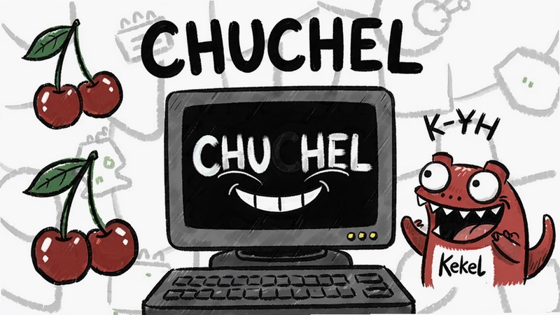 脸黑CHUCHEL电脑版游戏主视觉,包含樱桃、CHUCHEL与Kekel,手绘卡通风格,概括游戏玩法与幽默氛围