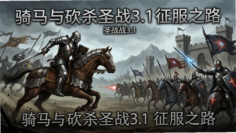 骑马与砍杀圣战3.1游戏主视觉,骑士冲锋与魔幻军团对峙,文字注明“骑马与砍杀圣战3.1征服之路”