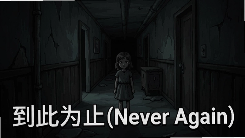 到此为止(Never Again)游戏画面,阴暗走廊里小女孩孤身站立,文字标注“到此为止(Never Again)”