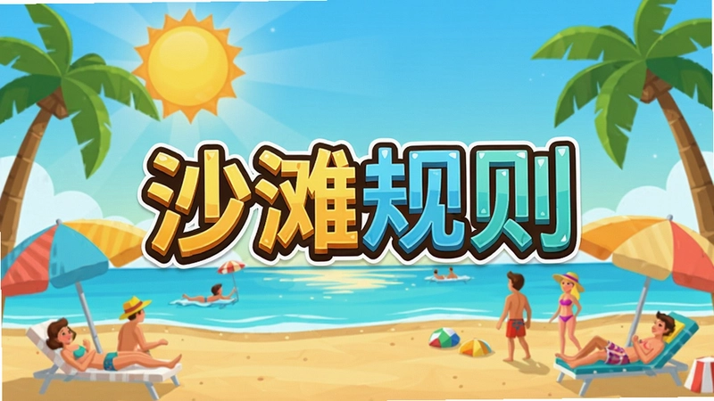沙滩规则(Beach Rules)游戏主界面,展现阳光沙滩、遮阳伞、游客及“沙滩规则”标题文字,色彩明亮