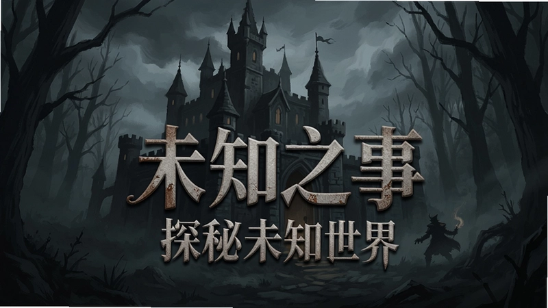 未知之事游戏主视觉图,黑暗古堡与迷雾森林,文字“未知之事 探秘未知世界”