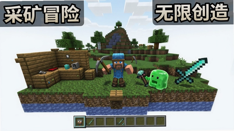 一张Total Miner游戏全貌概念图,包含“采矿冒险”“无限创造”标语,展示方块地形、工作台、钻石剑和绿色史莱姆角色