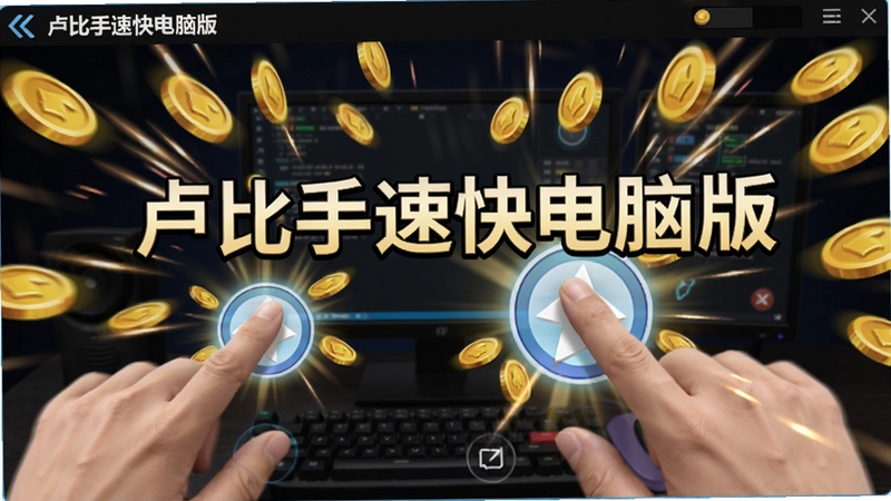 “卢比手速快电脑版”游戏主界面与疯狂点击瞬间,展示高速滑动的手指和满屏爆出的金币特效