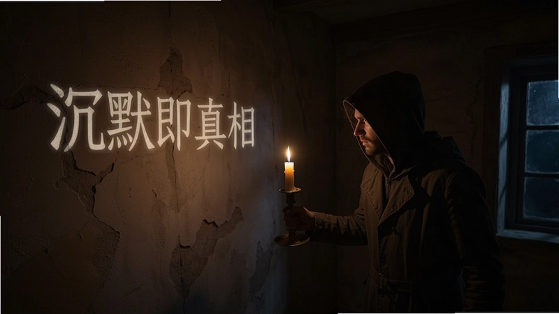 无言游戏场景,幽暗房间内主角手持烛台探索,墙壁上若隐若现的文字“沉默即真相”