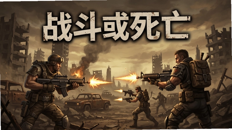 战斗或死亡(Fight or Die)游戏主视觉,废土风格战斗画面,带有“战斗或死亡”游戏标题