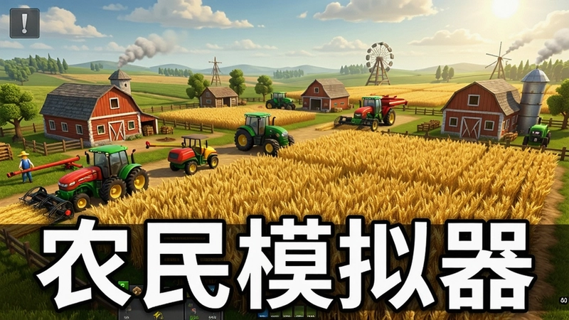 农民模拟器游戏实机画面,展示农场全景、各种农业机械和成熟的金色麦田,画面充满田园生活气息,标注“农民模拟器”字样