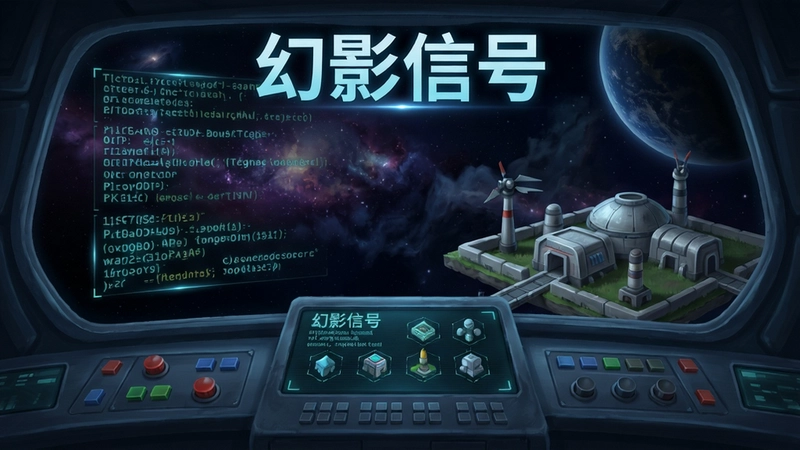 幻影信号科幻信号解码游戏主界面,操作台与宇宙深空背景,神秘代码,生存基地建设,策略经营,文字“幻影信号”标注