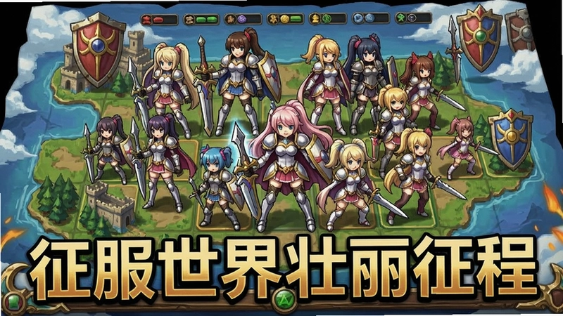 英雄战姬:征服世界美少女英雄集合,回合制战略地图,标注“征服世界壮丽征程”