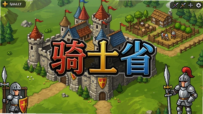 中世纪模拟经营游戏《骑士省》主界面展示城堡、农场和骑士形象,画面中央艺术字“骑士省”标题,色彩鲜艳
