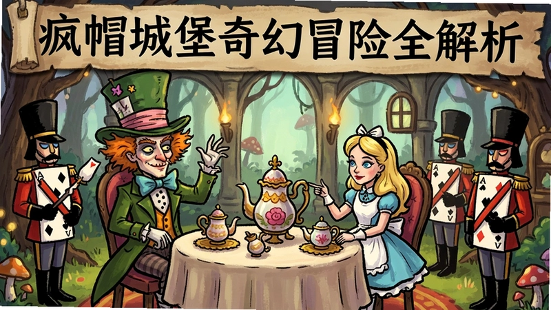 疯帽城堡游戏华丽茶会场景,包含疯帽匠、爱丽丝与扑克牌士兵的手绘风格插画,标题“疯帽城堡奇幻冒险全解析”