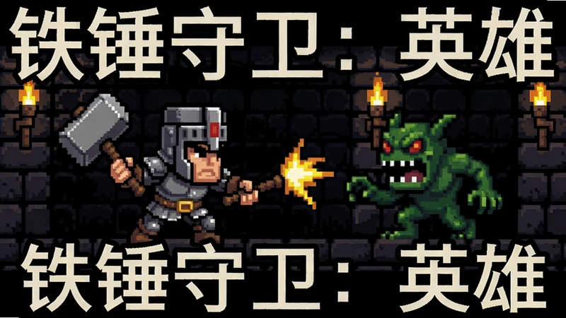 铁锤守卫:英雄游戏主视觉图,像素英雄挥舞武器对战地牢怪物,标明“铁锤守卫:英雄”