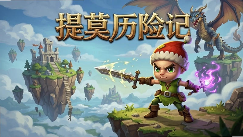 游戏宣传海报,展示主角提莫挥舞剑与魔法站在悬崖边,远处是浮空岛屿与巨龙,标题文字“提莫历险记”