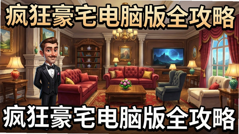 疯狂豪宅电脑版游戏场景,展现豪华别墅内部装修设计、管家角色与丰富家具,标题“疯狂豪宅电脑版全攻略”