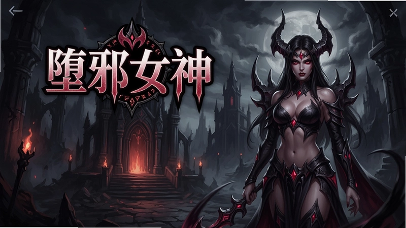 堕邪女神游戏主界面,暗黑风格化场景,鲜明“堕邪女神”标题与主角立绘
