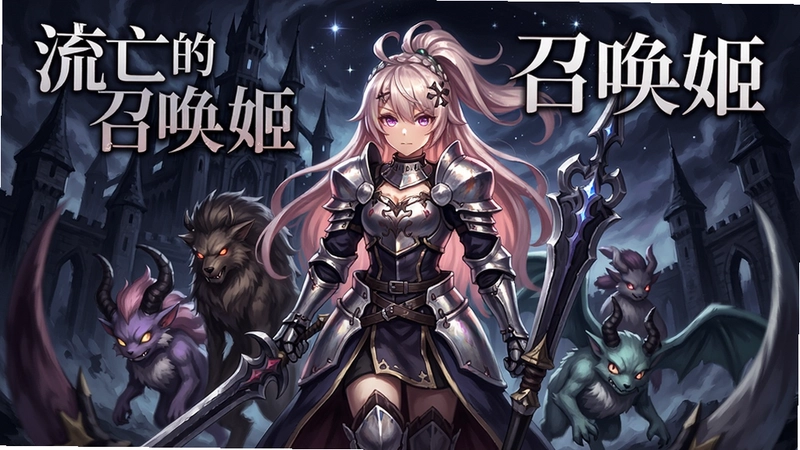 一幅“流亡的召唤姬”游戏主视觉图,姬骑士与数只使魔并立,背景为暗黑城堡与星空,图中文字“流亡的召唤姬”