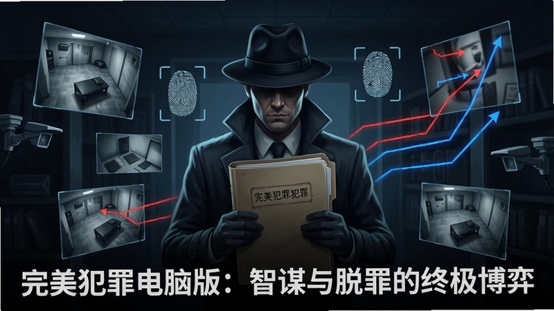 完美犯罪电脑版主视觉图,画面中央是一位神秘策划者手持案件卷宗,四周悬浮着监控画面、指纹和红蓝路线,标注“完美犯罪电脑版:智谋与脱罪的终极博弈”