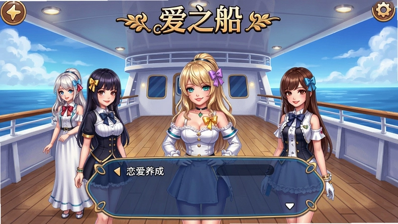 “爱之船”恋爱养成游戏主界面,豪华邮轮甲板,多名美少女角色与对话选项展示