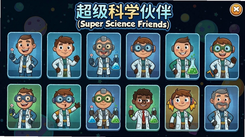 超级科学伙伴(Super Science Friends)游戏主菜单界面与全部可玩角色卡通立绘展示,文字包含“超级科学伙伴(Super Science Friends)”