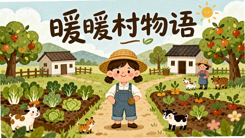 清新田园场景插画,主角站在农场中央,周围有菜田、果树、小动物和村民,标题文字“暖暖村物语”,风格温馨治愈