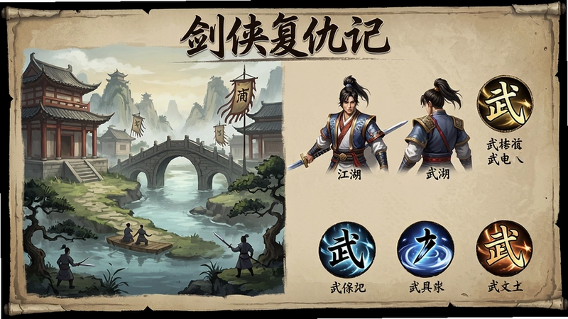 剑侠复仇记游戏整体内容概览图,包含江湖场景、主要角色和武学技能