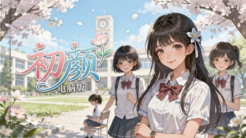 “初颜”电脑版唯美游戏封面与角色插画,清新校园风,包含“初颜”文字标识