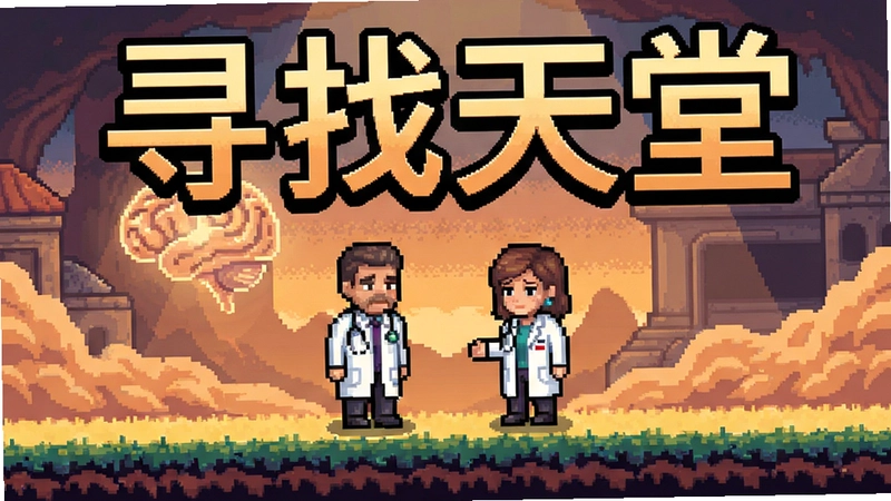 寻找天堂游戏场景,像素风格,两位医生站在记忆世界中,温暖又忧伤的氛围,游戏标题“寻找天堂”醒目