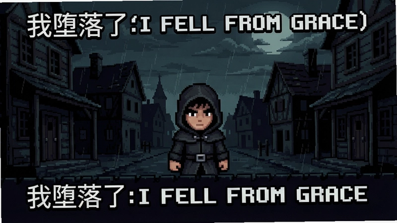 “我堕落了(I fell from Grace)”游戏主界面与像素画风展示,包含主角与阴暗小镇背景
