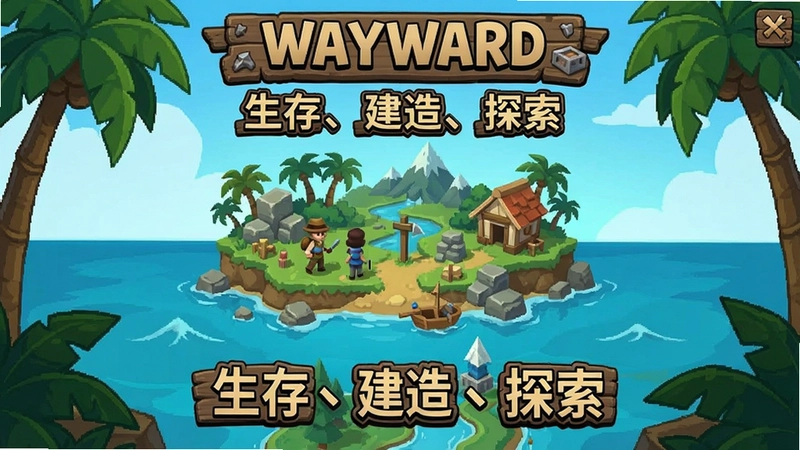 任意岛Wayward 游戏主界面,展示“生存、建造、探索”核心玩法