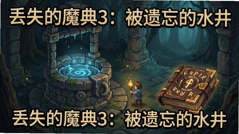丢失的魔典3:被遗忘的水井游戏场景,神秘水井与古老魔法书,充满探索氛围的解谜冒险画面,‘丢失的魔典3:被遗忘的水井’标题字样