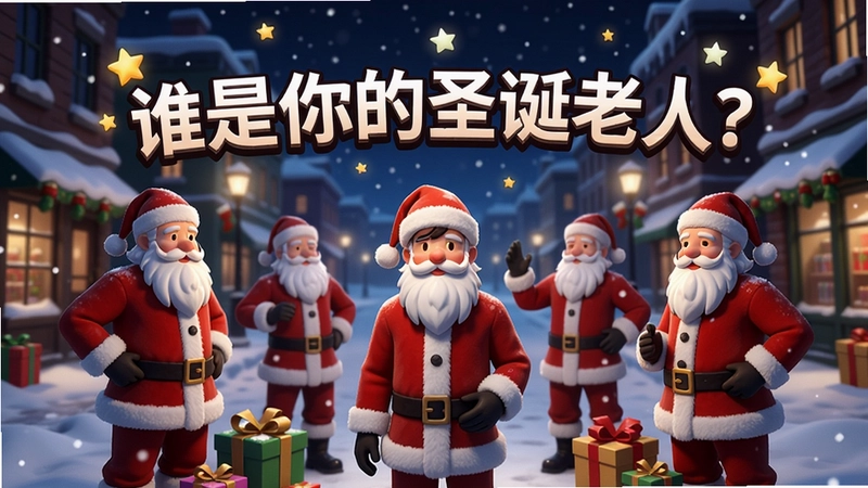 游戏关键视觉图,包含标题文字“谁是你的圣诞老人?”,雪夜街头,多个穿着圣诞老人服装的角色围绕在主角身边,礼物堆积,星光闪烁