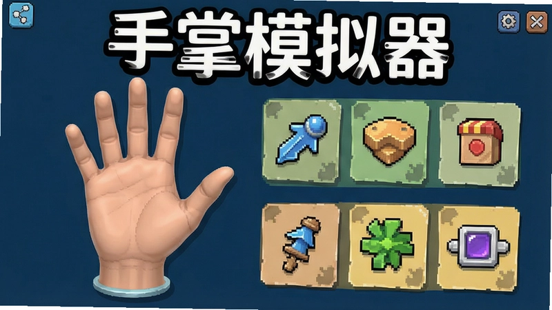 展示手掌模拟器(Hand Simulator)游戏主界面,包含手部模型与各类互动道具,界面标有“手掌模拟器”醒目文字