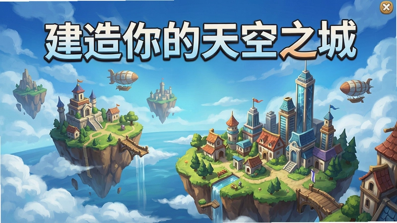 蔚蓝天空计划游戏主界面,展示漂浮岛屿与城市建筑,文字“建造你的天空之城”