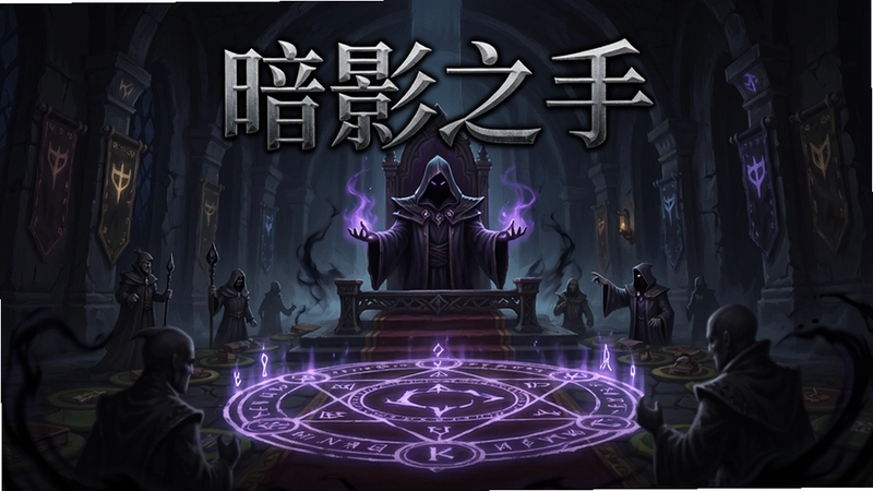 暗影之手游戏主视觉海报,包含暗影议会大厅、魔法阵、神秘领袖,展现策略经营与暗影魔法主题,标题“暗影之手”