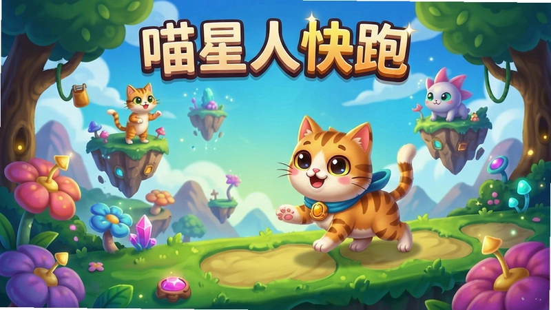 喵星人快跑游戏主界面展示可爱猫咪与奇幻场景,色彩明亮,充满童趣,“休闲跑酷冒险”