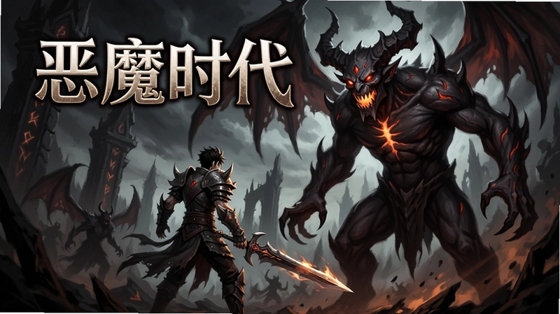 一张展示“恶魔时代”游戏主视觉图的画面,暗黑魔幻风格,主角持剑面对巨大恶魔,标题“恶魔时代”赫然醒目