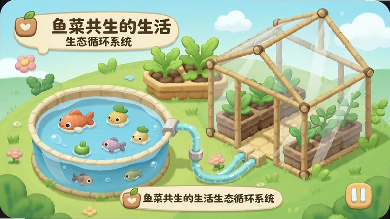 一幅展示“鱼菜共生的生活”游戏主界面的插画,包含鱼池、种植槽和温室,整体风格清新治愈,标注“鱼菜共生的生活生态循环系统”