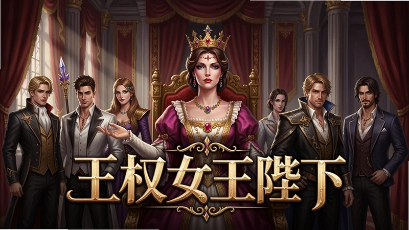王权女王陛下游戏宣传主视觉,宫廷场景,华丽女王与多位可攻略角色,包含“王权女王陛下”艺术字体标题