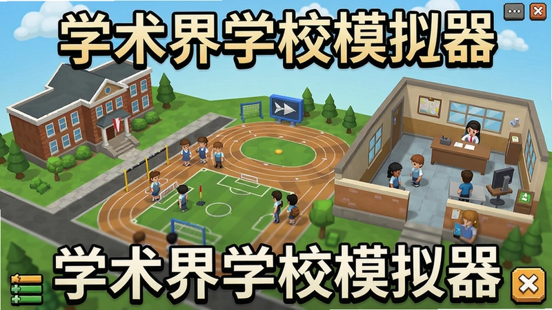 学术界学校模拟器游戏主界面,显示教学楼、操场、学生和校长办公室,突出模拟经营玩法,“学术界学校模拟器”