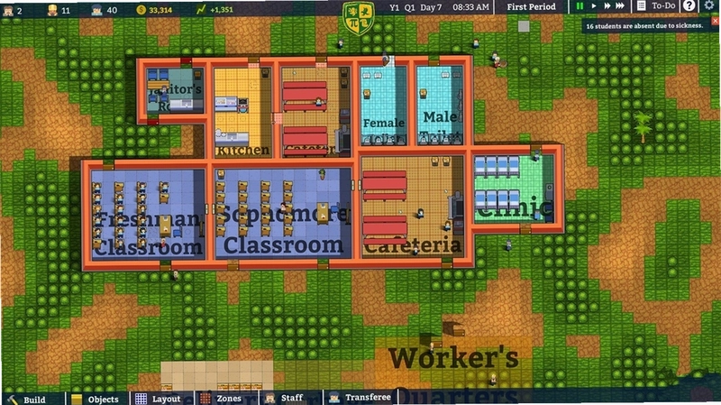 学术界学校模拟器新手教程界面,初始建筑布局