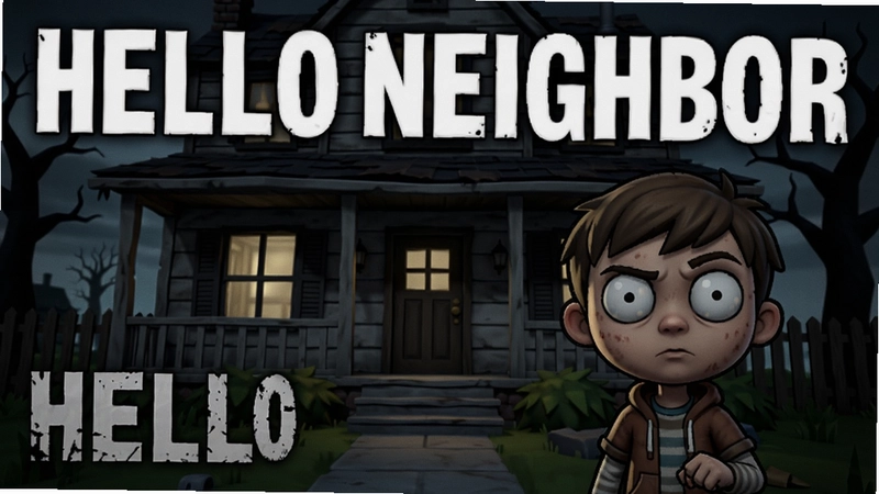 你好邻居(Hello Neighbor)游戏主视觉图,邻居房屋外观与主角小男孩,恐怖卡通风格