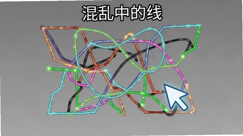 “混乱中的线”经典关卡划线解谜界面,屏幕内交缠的彩色线条与可拖动的光标,极简背景