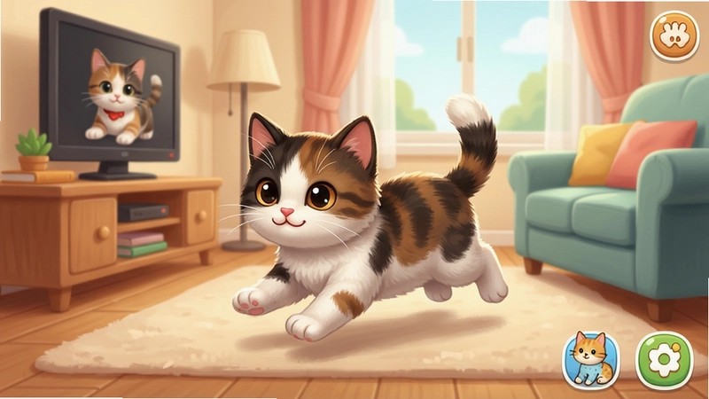 变成小猫咪 游戏主画面 萌猫在客厅奔跑 模拟宠物