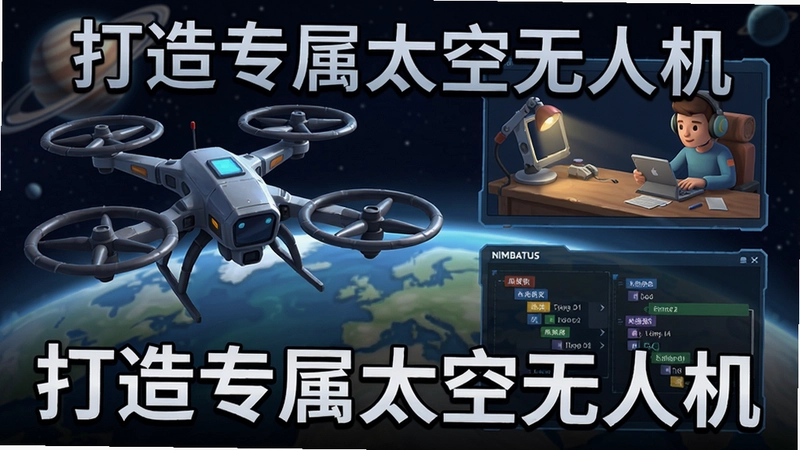 Nimbatus太空无人机建造模拟游戏,展示玩家组装无人机、星球探索、逻辑编程界面,文字“打造专属太空无人机”