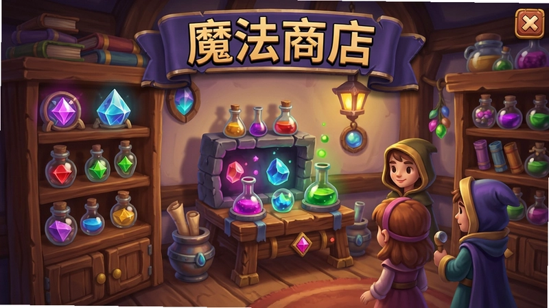 魔法商店游戏主界面,展示魔法商品、炼金台和顾客,文字“魔法商店”