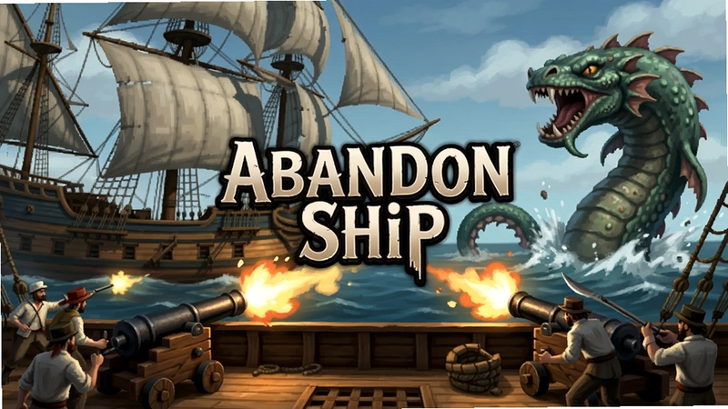展示Abandon Ship弃船游戏的航海战斗场景,包含古典帆船、火炮齐射、巨型海怪与船员作战,画面中央带有游戏标题“Abandon Ship”字样