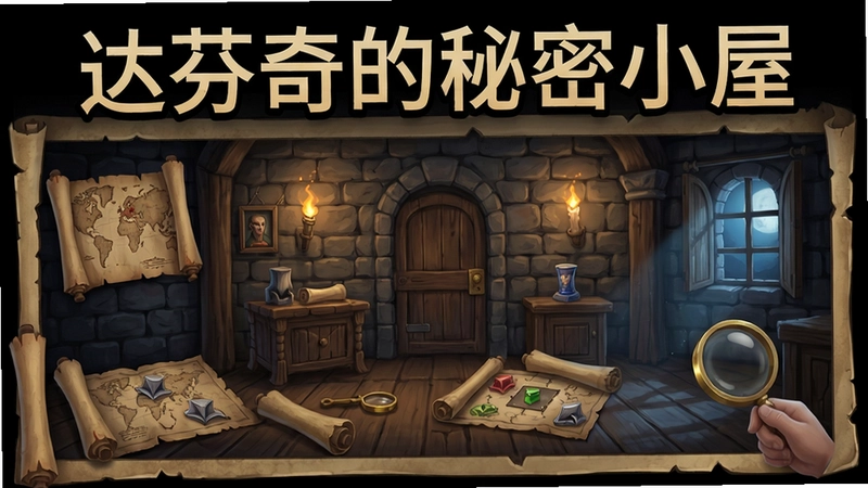 达芬奇的秘密小屋游戏全攻略场景图,包含“达芬奇的秘密小屋”标题文字和密室解谜元素