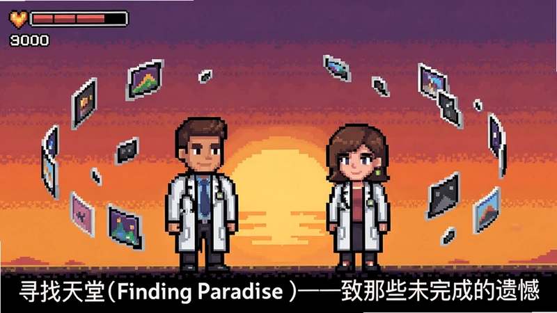 寻找天堂(Finding Paradise)游戏截图,像素风格,两位医生站在记忆空间的夕阳下,漂浮的记忆碎片环绕,文字“寻找天堂(Finding Paradise)——致那些未完成的遗憾”