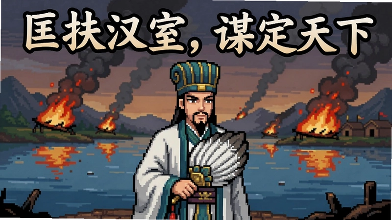 吞食孔明传电脑版游戏主视觉宣传图,诸葛亮羽扇纶巾立于赤壁江畔,背景烽火连天,上方书写“匡扶汉室,谋定天下”八字,整体呈现怀旧像素三国风格