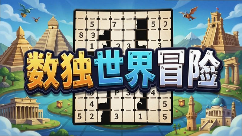 数独世界冒险游戏主视觉图,融合世界名胜与数独网格,带有醒目标题文字“数独世界冒险”